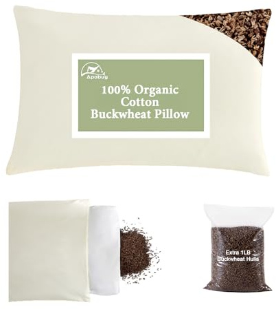 APOBUY 20x26 Large Organic Buckwheat Pillow with Dual-Layer Pillowcase and Extra Tartary Buckwheat Hulls, Adjust Height and Firmness, Neck Support Pillow for Back and Side Sleepers