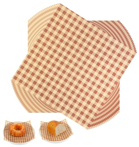 Guduling 100 Pcs Grease Proof Paper,18x18 CM Greaseproof Paper,Brown Greaseproof Papers Sheets,Squares Checkered Sandwich & Burger Wraps Tray Parchment Liners