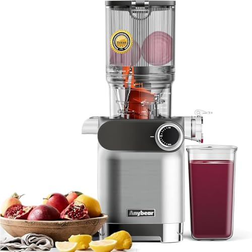 Anybear Cold Press Juicer, 200W Masticating Slow Juicer 4.3 Large Feed Chute Fit Whole Fruits Vegetables | Upgraded Auger | Tritan Material | BPA Free | Juice Recipes (Light Gray)
