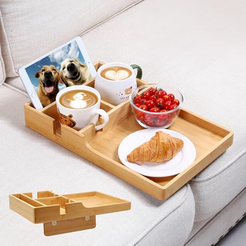 Nnewvante Couch Tray, 2-in-1 Insert & Flat Sofa Organizer Bamboo with 2 Cup Holders,Fits Seat Gaps or Ottomans,for Snacks, Drinks, Remotes,39x25cm