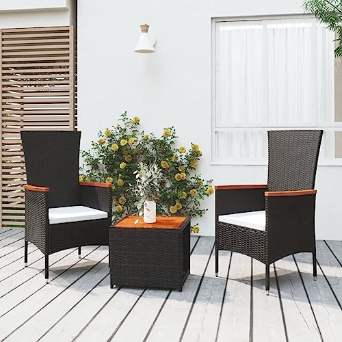 sephironlbb 3-TLG. Garten-Lounge-Set Schwarz Poly Rattan mit Akazienholz Tisch und gepolsterten Kissen, wetterfestes Gartenmöbel Set für Balkon Terrasse Outdoor Essgruppe