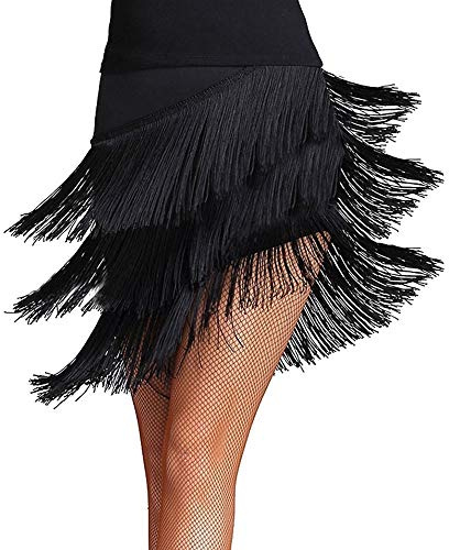 Falda de baile de tango latino con flecos y borlas para mujer, vestido de baile de samba, salsa, ropa de baile, Negro, L