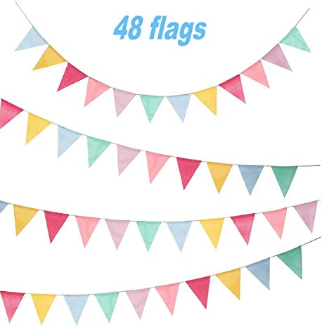 10m fanions, Toile de jute Tissu Drapeau Bannières avec 48 pcs Triangle Drapeaux Multicolor Pennant pour Anniversaire, Mariage, Maison, Décoration De Fête Bébé