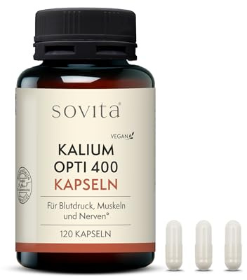 sovita Kalium Opti 400 Kapseln | Hochdosiert 400 mg | Unterstützt Nerven, Muskeln & Blutdruck | Elektrolythaushalt & Muskelkontraktion | Vegan & ohne Zusatzstoffe | 120 Kapseln