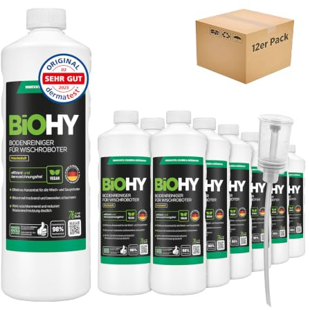 BiOHY Bodenreiniger für Wischroboter (12 x 1 Liter) + Dosierer | Reinigungsmittel Konzentrat für alle Wisch & Saugroboter mit Nass-Funktion | Schaumarm & Streifenfrei | Für alle Böden