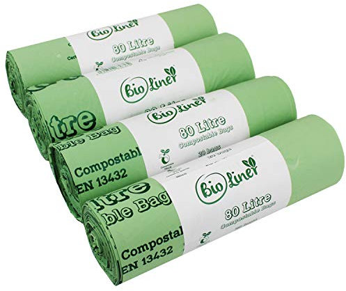 BioLiner 80 x 80L Compostable Bags for Swing Bins & Dustbins (4 Rolls of 20 Bags Each) - EN 13432 Certified - Food Waste Bin Liners