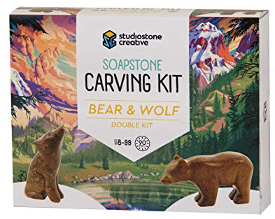 Bear and Wolf Soapstone Carving and Whittling—DIY Arts and Craft Kit. All Kid-Safe Tools and Materials Included. for 8 to 99+ Years.