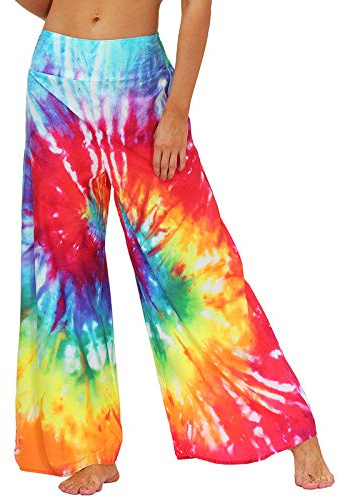 Nuofengkudu Femme Imprimé Wide Leg Pantalon Elastique Taille Haute Elephant Chic Fluide Baggy Jambe Large Hippie Yoga Pants été Plage Danse Soirée Décontracté Tendance(014-Rainbow,L/XL)