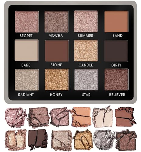 Palette Ombretti Neutri Smokey Nude - 12 Colori Brillanti e Opachi Altamente Pigmentati per Trucchi Occhi Natural - Make Up Professionali Formato Viaggio Con Specchio