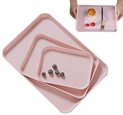 3 Stück Rechteckig Tablett, Tablett Kunststoff, Küche Essenstablett, Serviertablett Kunststoff Rechteckig, Küches Essenstablett, für Küche, Hotel, Schule, Mittagessen Tabletts (Rosa)