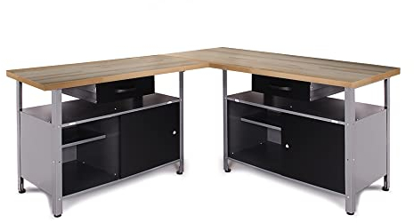 Ondis24 Werkstatt Set Ecklösung Simple One, Werkbank, 120 + 60 cm Buchenholzarbeitsplatte 27mm, Metall (Arbeitshöhe 85cm, schwarz)