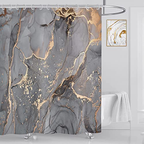 ASDCXZ Duschvorhang Grau Gold Marmor 180x200 cm, Modern Abstrakt Grau Gold Schwarz Marmor Optik Textur Waschbar Bad Duschvorhänge Polyester Textil Wasserdicht Duschvorhang für Badewanne mit 12 Hake