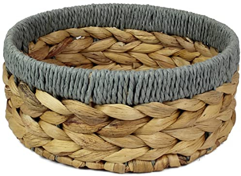 Small Water Hyacinth round baskets for storage Natural colour with grey edges shelves open. Decorative gift box Small bathroom mini tray makeup bathroom Kitchen organiser (Large 22cm, 1 X Basket)