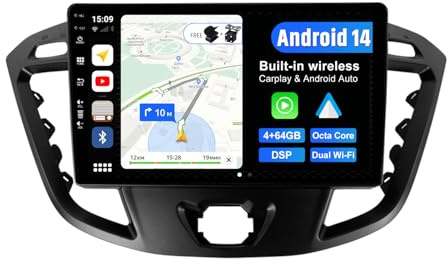 JOYX Android 14 IPS Autoradio Passt für Ford Tourneo/Ford Transit Custom (2013-2021) - 4G+64G - Eingebaut DSP/Carplay/Android Auto - Kamera + MIC - 9 Zoll 2 Din - SWC WiFi DAB 360-Cam Fast-Boot AHD