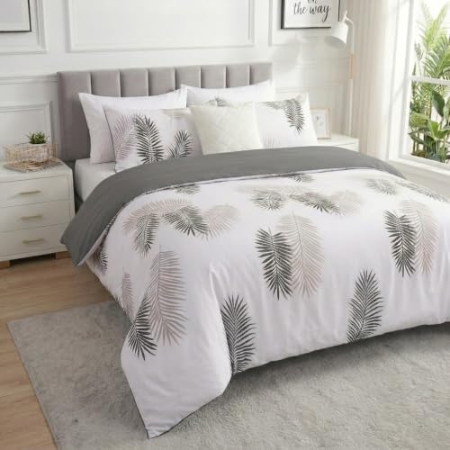 Imperial Rooms Single Duvet Cover Set 135x200 cm, 2-Piece Brushed Microfiber Bedding Set with Pillowcase – Leaf Print, Breathable, Fade Resistant, Button Closure