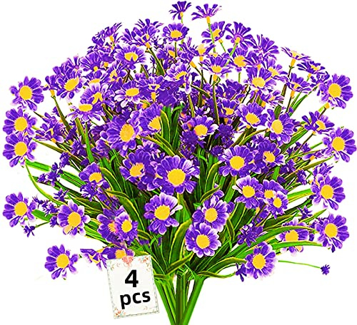 Siganorpy 4 margaritas artificiales para exteriores, decoración de primavera y verano, resistentes a los rayos UV, arbustos de plástico sintético para colgar en el exterior, jardín, hogar, porche