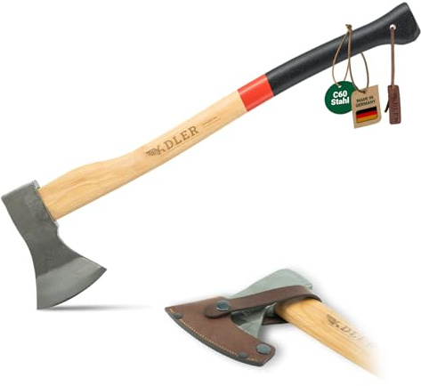 ADLER Rheinlandaxt 1250g – 70 cm Hickorystiel – C60 Stahl – Schwarz/Rot – Fällen, Entasten & Spalten bis Ø20cm – inkl. Lederschutz – Made in Germany