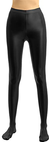 HULIJA Damen Nylon Strumpfhose Pantyhose Glänzend Leggings mit Fuß Dessous High Waist Tanzleggings Unterleggings Gymnastik Tanz Schwarz L