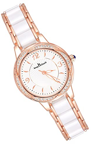 MicLee Montres Bracelet Femme Montres Quartz à Cadran Rond avec Strass Luxe Montre Or Rose pour Dame Fille Cadran à Chiffres Arabes en Céramique Montre Elegante avec Bande en Acier Inoxydable