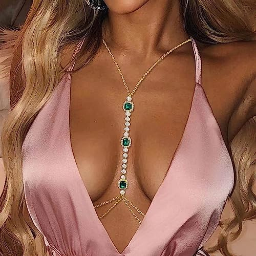 JUSTUSNX Green Crystal Bra Chain Fashion Simple Body Chain Rhinestone Sexy Bikini Nightclub Body Chain Accessories for Women and Girls (B)