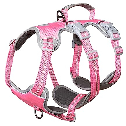 Huntboo Panikgeschirr für Hunde, Hundegeschirr Grosse Hunde, hEeflektierendes Geschirr mit Gepolstertem Griff, Atmungsaktiv, Wasserdicht, Strapazierfähig, Verstellbare Weste für Große Hunde(Rosa, L)