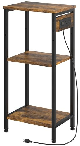 Asgolion Tall End Table with Charging Station, 3 Tier Narrow Tall Nightstand with Storage, Slim Side Table with USB Ports and Outlets for Bedroom, Living Room, Office, Rustic Brown and Black