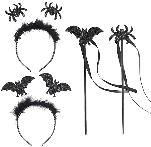 LGZIN Karneval Haarreif mit Zauberstab, Fledermaus Haarreif, Spinne Haarreifen, Fledermaus Accessoires, Karneval Spinne Haarband, Fledermaus Ohren mit Glitzereffekt für Karneval, Halloween
