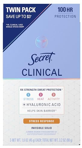 Secret Clinical Strength Antiperspirant Deodorant for Women, Stress Response, 100hr Sweat & Odor Protection, 3X Stress Protection with Hyaluronic Acid, PH Balanced, Invisible Solid, 1.6 oz (Pack of 2)