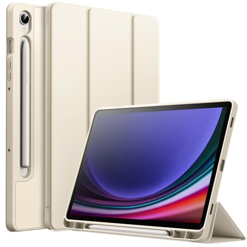 JETech Hülle für Samsung Galaxy Tab S9 11 Zoll mit S Pen Halterung, Weiche TPU DREI-Falt Ständer Schützend Tablet Schutzhülle, Unterstützung S Pen Aufladung, Auto Wachen/Schlafen (Beige)