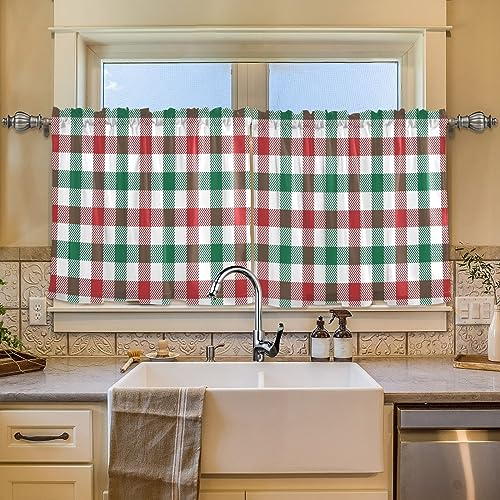 ALAZA Küchengardine, Leinen, 36 Tropfen, Verdunkelungsvorhänge, Küchenvorhänge, Stufenvorhang für kleine Fenster, Tür, 2 Paneele, rot, grün, Buffao, kariert, Weihnachten, kurze Vorhänge, Bauernhaus,