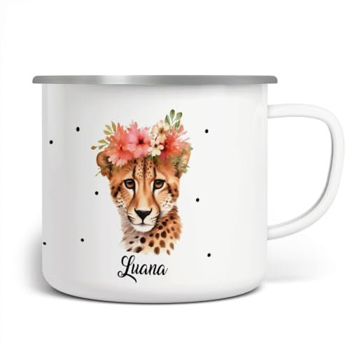 miKalino Emaille Tasse Mädchen - Trinkbecher Kinder personalisiert - Emaille Becher mit Leopard-Motiv - Kindertasse mit Namen - Kindertasse bedruckt - Emaille Becher Weiß, Farbe:weisssilber