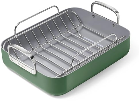 Caraway Roasting Pan - 16x13” Roasting Pan with Rack - Non-Stick Ceramic Coated - Non Toxic, PTFE & PFOA Free - Oven Safe & Compatible with All Stovetops - Sage