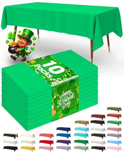 Pureegg Plastic Table Cloth Disposable 10 Pack, 54 x 108 Inch Table Cloths, St Patricks Day, Christmas Decorations, Tablecloths, Rectangle, Forest, Plastic Cover, Leakproof & Sturdy, Green