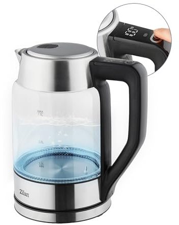 Zilan Hervidor de agua digital de vidrio con panel digital, luz LED azul, capacidad de 1,7 litros, protección contra ebullición en seco, función de mantener caliente, 2200W