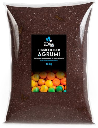 ZOMA Terriccio per Agrumi professionale Con Ph Leggermente Acido - Terriccio agrumi Concimato naturalmente con il 20% di Humus Di Lombrico - Sacco 15 Kg