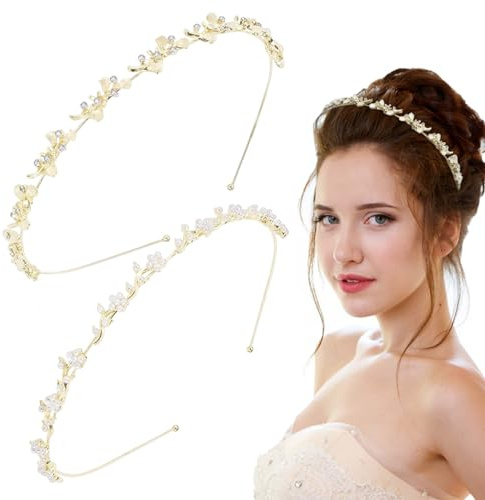 YIZWINS 2 Stück Braut Haarschmuck, Haarschmuck Mädchen Haarreif Gold, Feen Kopfschmuck Haarreif Hochzeit, Haarschmuck Blumen Elegante Accessoires Deko für Schützenfest und Karneval