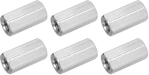 sourcing map M8x1.25mm Coupling Nuts, 6 Pcs 304 Stainless Steel Galvanized Hex Rod Coupling Nuts Threaded Rod Connectors 25mm, for Industrial Construction Fasteners, Silver