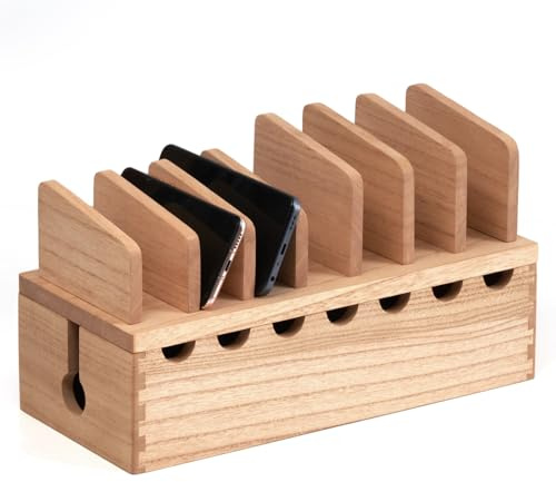 KIRIGEN Wooden Cell Phone Stand Charging Station Desktop Tablet Computer Charging Dock Holder Wood Desk Multi-device Cords Organizer Stand Charger Dock Cradle Rack for Home and Office(GDXH-NA)