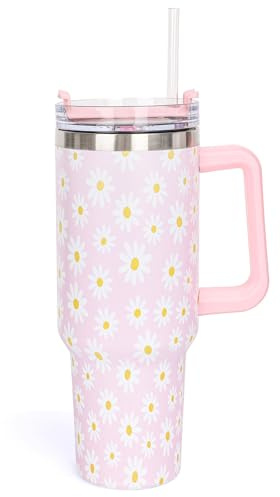 Whaline Vaso de margaritas rosas de 40 onzas con pajilla y tapa, bonito vaso de café de viaje de flores para mujeres, amigas, regalo de cumpleaños