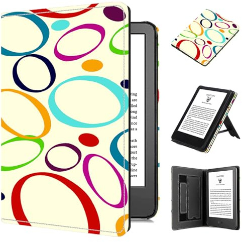 Hülle für Kindle 6 eReader (11. Gen, 2024 Release), TOKILO Premium PU Ledertasche mit Auto Wake/Sleep Handschlaufe Faltbarer Stand Kartensteckplatz Kompatibel mit iPad 6 eReader, Bunter Kreis