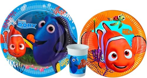 Disney 8 platos de papel Dory 23 cm + 8 platos de papel Nemo 23 cm + 8 vasos Dory/Nemo para fiestas y cumpleaños