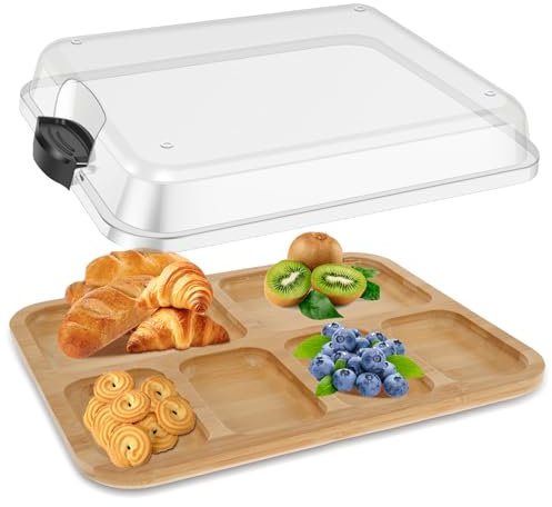 Planche à fromage en bambou avec couvercle transparent - Planche à découper polyvalente avec compartiments intégrés - Plateau de service en bois - Cadeau pour Noël, mariage, anniversaire, anniversaire