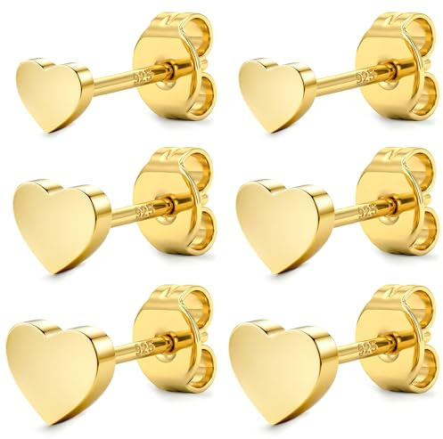 14K Gold Stud Earrings For Women Hypoallergenic - 𝟵𝟮𝟱 𝗦𝘁𝗲𝗿𝗹𝗶𝗻𝗴 𝗦𝗶𝗹𝘃𝗲𝗿 Post Small Earrings Stacks For Sensitive Ears Trendy Dainty Cute Gold Heart Cartilage Tragus Earring Sets For Multiple Piercing Jewelry 3Pairs