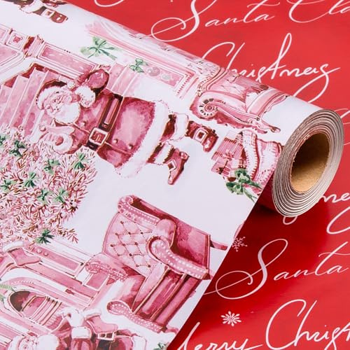 Wikadlik Weihnachts-Geschenkpapier, 43 cm x 10 m, Vintage-Design, luxuriöses Geschenkpapier, Weihnachtsmann/Couch/Baum/Schleife