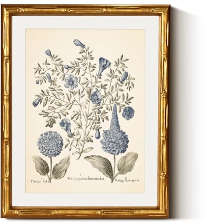 InSimSea Gold Bamboo Framed Canvas Wall Art, Retro Blue Hydrangea Botanical Prints, Antique Flowers Picture Frame with Mat, Victorian Home Wall Decor for Kitchen Living Room Bedroom, 11x14inch