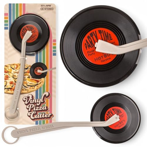MIJOMA Vinile Pizza Schneider - Tagliapizza in stile retrò, 21,5 cm, con gancio in silicone e manico in plastica, look Party Time & Rock (rosso Party Time)