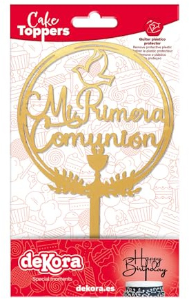dekora - Cake Topper “Mi Primera Comunión” en Dorado - Decoración para Tartas y Mesas Dulces - Plástico Apto para Contacto Alimentario - 16x9,5 cm - No Comestible