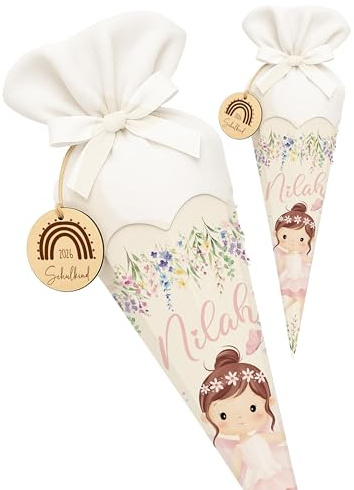Kidsmood Schultüte personalisiert mit Namen Mädchen-Beige – Hochwertiges Bastelset inkl. Rohling, Stoff & Holzschild für Einschulung 2026 mit zartem Beige Design – Zuckertüte Geschenk Mädchen
