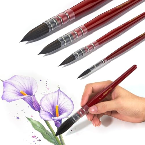 Lightwish Watercolor Brushes Set, Synthetic Hair Paint Brushes Kit for Artists, Adults, and Hobbists, Pointed Round Mop Brush for Watercolor, Gouache,4 Pcs （#0#2#4#6）