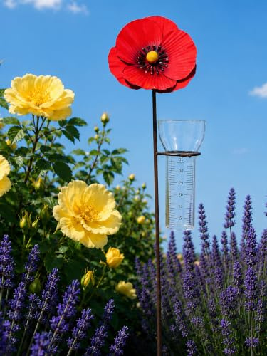 Pommerntraum ®| Regenmesser Niederschlagsmesser Gartendeko Mohn Klatschmohn | Pluviometer Ombrometer Gartendekoration Gartenstecker Mohnblume Pflanzendeko Blumenfreunde Gartenaccessoires (rote Mohnblüte)